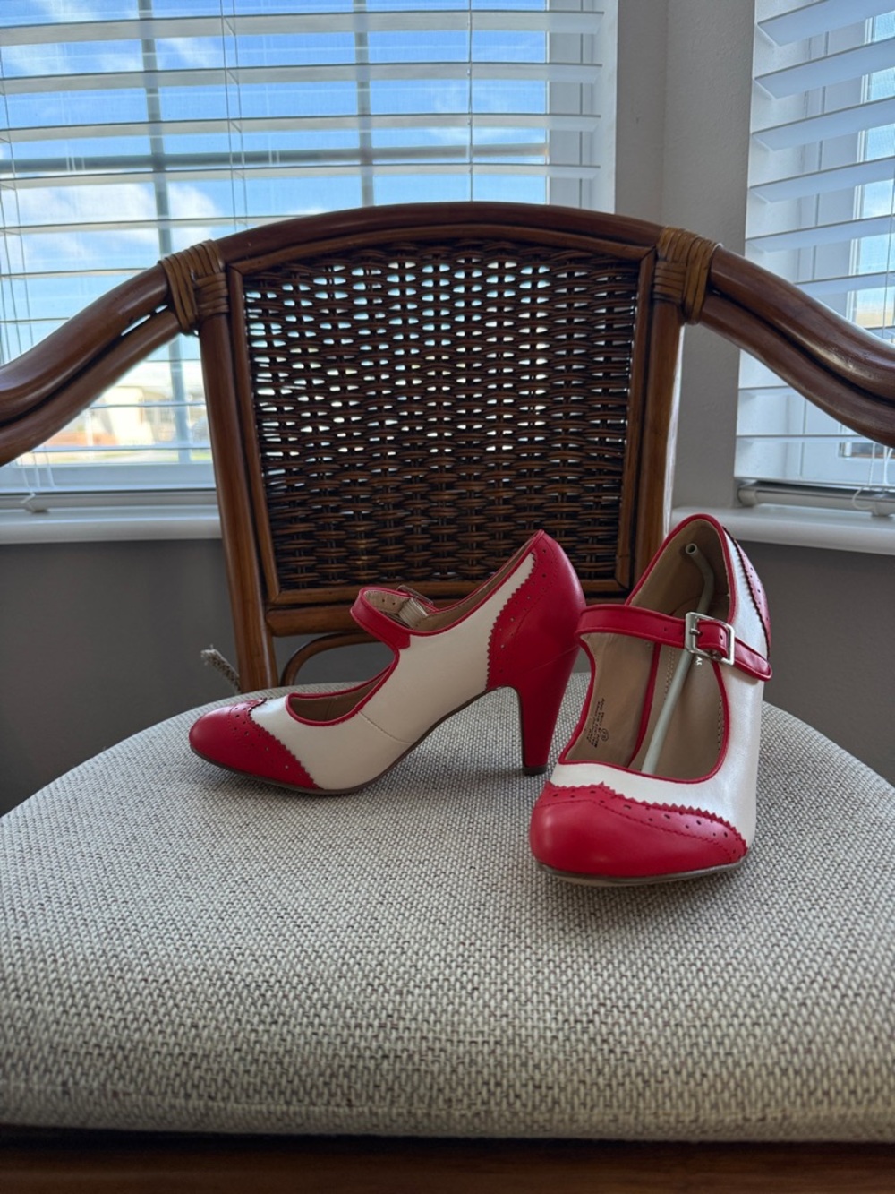 Two-Tone Red and White Mary Jane Heels with Buckle Strap